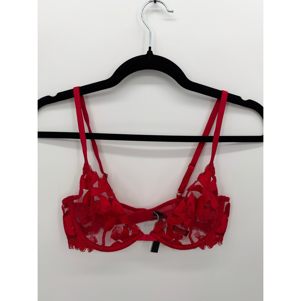 VS Red Floral Embroidered Lace Underwire Bra 34C Unlined Sheer Romantic Coquette